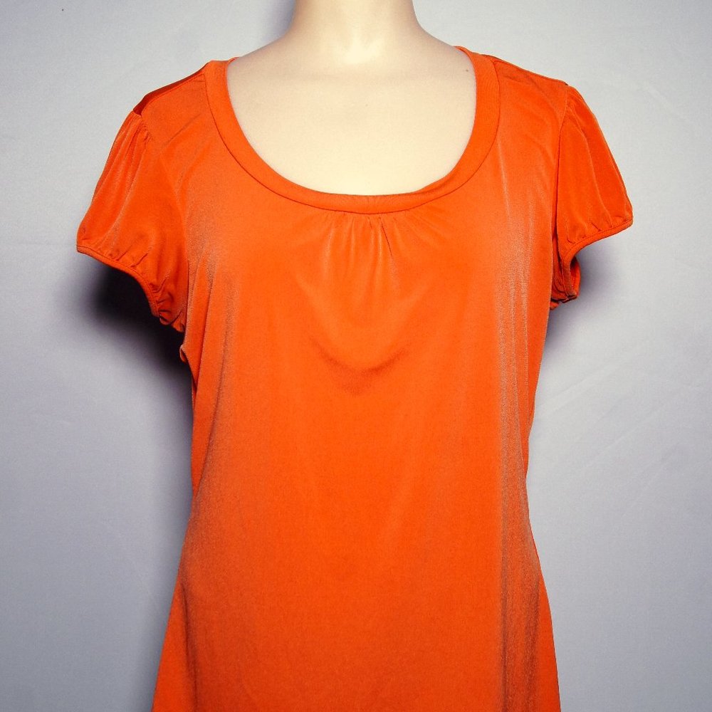 Worthington Womens pleated crew neck short sleeve blouse, Orange, Medium,